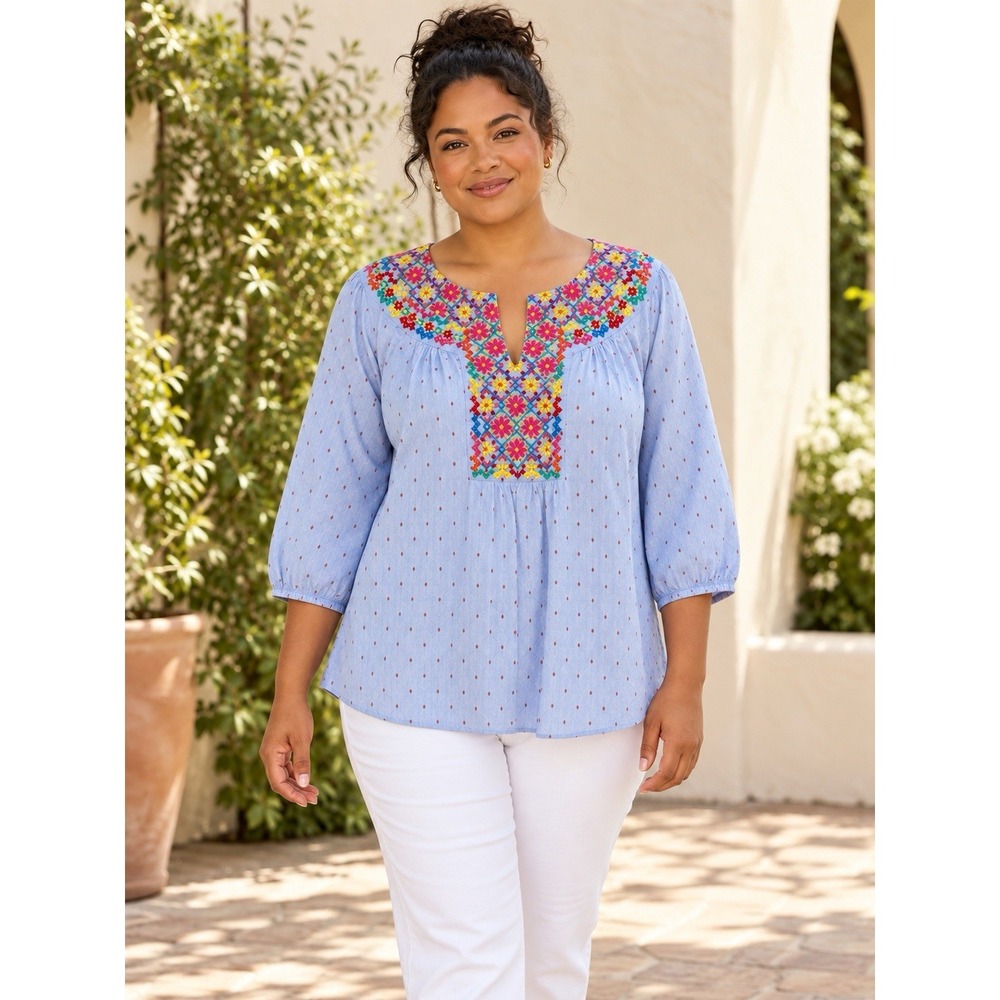 Talbots Blouse Womens 2X Blue Floral Embroidered Cotton Boho Peasant Top